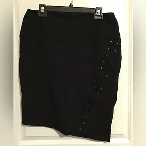 Sophisticated Black Pencil Asymmetrical Skirt with Eyelet Detail